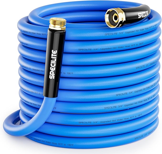 SPECILITE Hot/Cold Garden Water Hose 150 ftx 3/4 in, -50℉ To 190℉, Heavy Duty, Flexible, Burst 605 Psi, Lightweigh, Upgraded Rubber Pipe with 3/4" Brass Fittings For Backyard, Outdoor, Farm, Blue