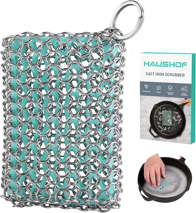 HAUSHOF Cast Iron Scrubber, Chainmail Scrubber with Silicone Core, Premium Chainmail Scrubber Sponge for Skillet, Pan, Dutch Oven