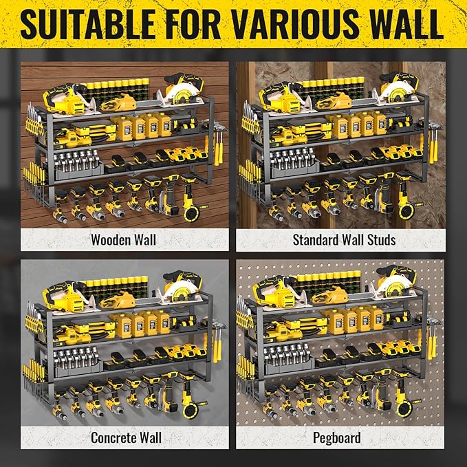 Large Power Tool Organizer Wall Mount, Heavy Duty Metal Tool Storage Rack Loads 400lbs, 8 Cordless Drill Holder 4 Layer, Battery Tools Hanger with Charging Station Shelf for Garage Organization
