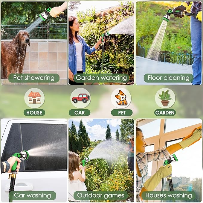 Non-Expandable Garden Hose 100 ft, Ultra Lightweight Flexible Water Hose with 10-Pattern Nozzle, Leak-Proof, High-Density Fabric, Thickened Connector, Shut-Off Valve for Yard, Lawn, Outdoor