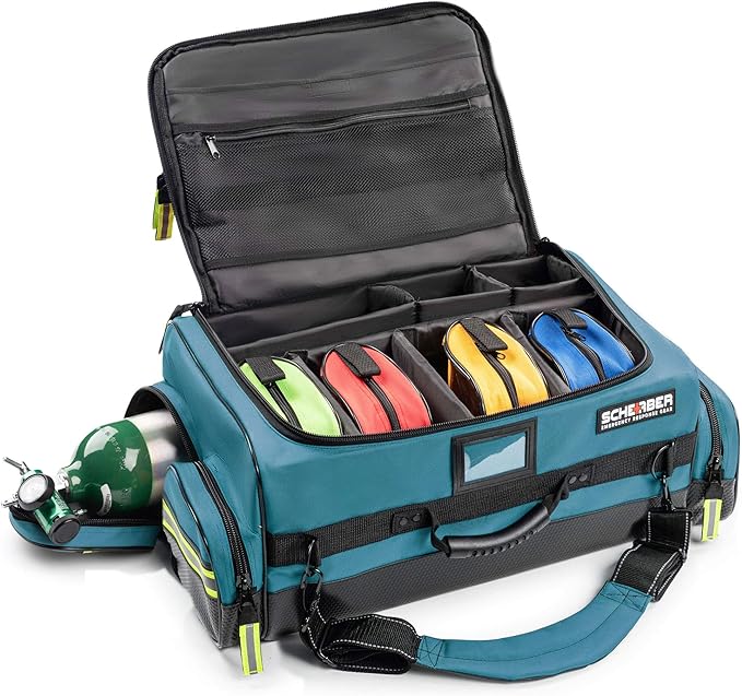 Scherber Fully Stocked First Responder Ultimate Professional EMT/EMS Trauma Kit | HSA/FSA Approved | w/10+ Compartments, Zippered Pockets, Dividers, Oxygen Access & 260+ First Aid Supplies (Blue)