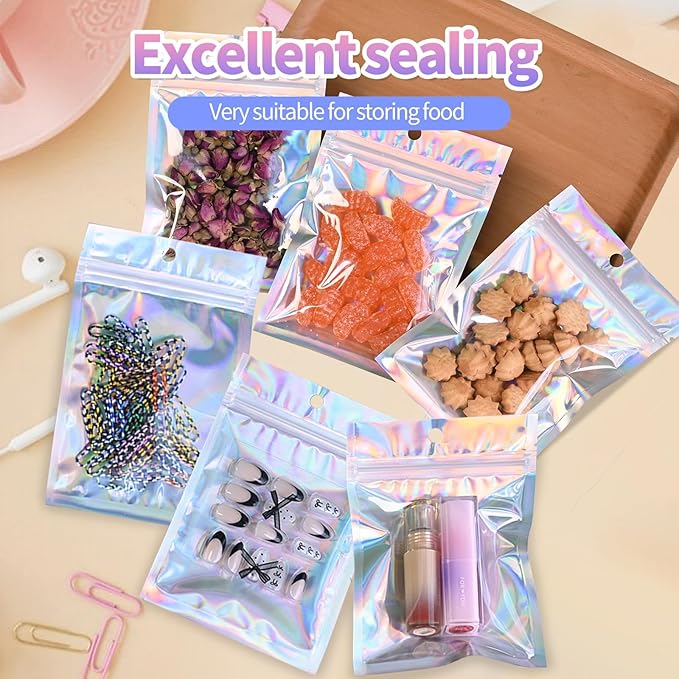 4"X6"120Pcs Resealable Holographic Aluminum Stand Bag for Small Business&Personal, Reusable Smell Proof Mylar Bags with Clear Window Ziploc Foil Pouch for Packaging,Jewelry,Nail Art,Makeup,Candy,Snack