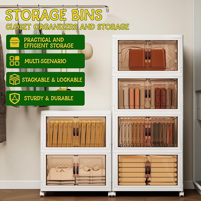 Storage Bins with Lids and Wheels, Collapsible Bathroom Storage Cabinet with Clear Doors, Plastic Stackable Closet Organizers and Storage Containers White 270 QT