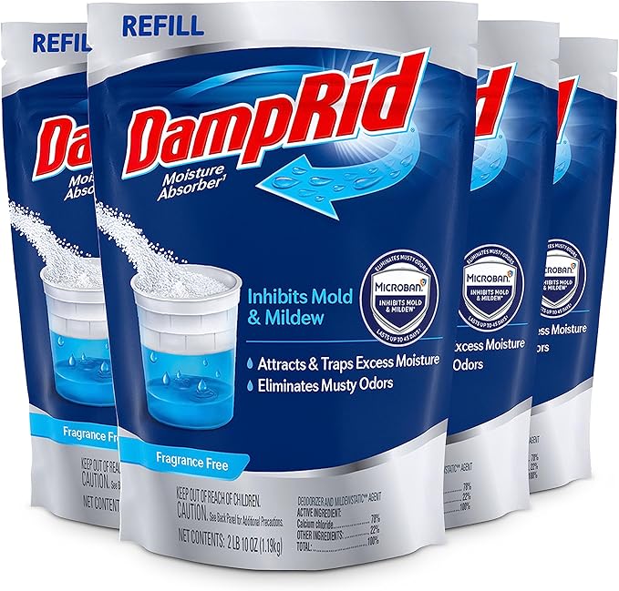 DampRid Refill Bag, 42 oz., 4-Pack - Fragrance Free Moisture Absorbers for Rooms with Excess Humidity, Long-Lasting, Inhibits Mold & Mildew