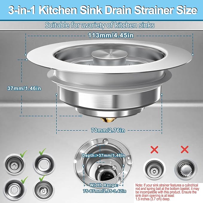 3-in-1 Kitchen Sink Drain Strainer & Stopper, Stainless Steel Food Catcher Plug with Filter Basket, Fits 3-1/2 Inch Drain Hole, Universal Sink Protector Cover, Anti-Clogging, Silver