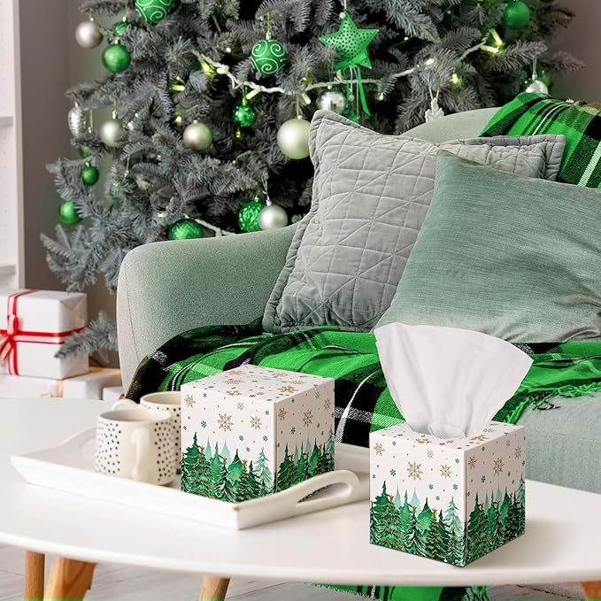 Bencailor 12 Pack Snowflake Facial Tissues Cube Boxes Winter Christmas Tree Square 600 Sheets 3 Ply Small Tissues Cube Boxes for Home Car Accessories(Green,Christmas Tree)