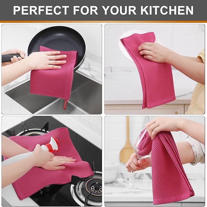 Kitinjoy 100% Cotton Waffle Weave Kitchen Towels, 6-Pack Super Soft and Absorbent Dish Towels for Drying Dishes, Kitchen Hand Towels, 13 in x 28 in, Hot Pink