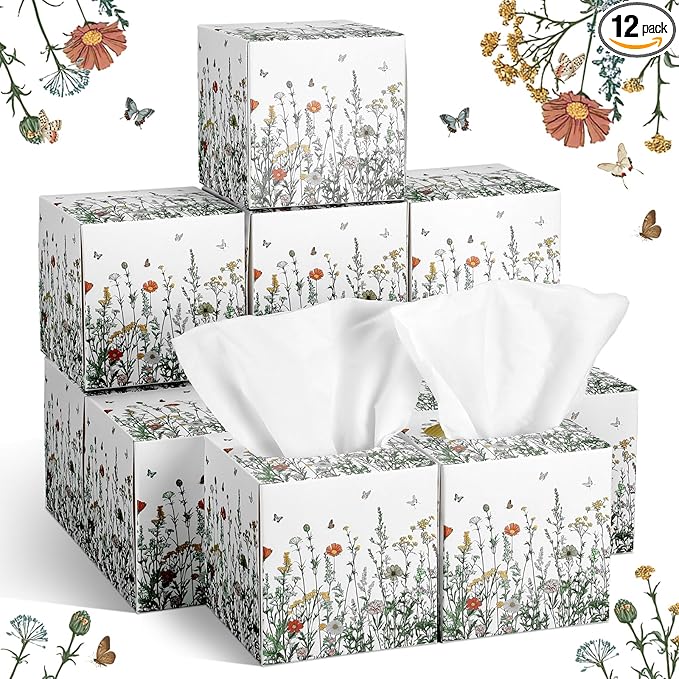 12 Pack Fall Floral Facial Tissues Cube Boxes 600 Sheets 3 Ply Small Square Wildflower Face Tissues Bulk for Autumn Christmas Car Bedroom Supplies