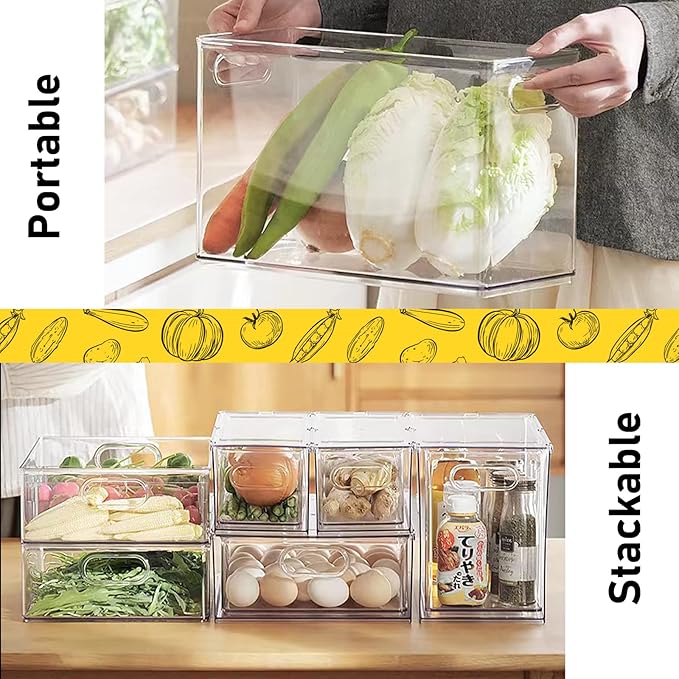 4 Pack Refrigerator Organizer Bins with Pull-out Drawer Stackable Clear Fridge Drawer Organizer Fruit Vegetable Storage Containers for Kitchen Pantry Organization (1 Large+1 Tall+2 Small)