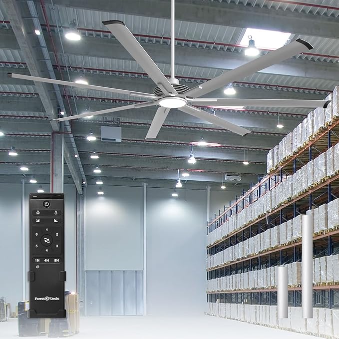 100 Inch Ceiling Fans with Lights, Industrial Ceiling Fan and Remote for Living Room Shop Garage, Large Outdoor Ceiling Fans for Patios, 7 Aluminum Blades, Reversible DC Motor, Dimmable, Timer