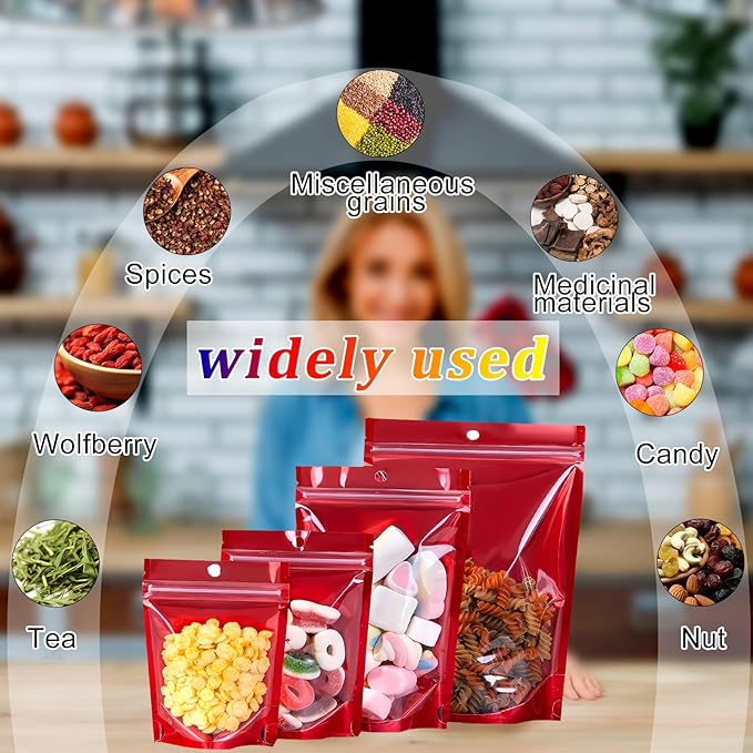 100PCS Mylar Bags for Food Storage Resealable Bags for Small Business with Clear Windonw,4.7x7.9 inch Smell Proof Bags Stand Up Zip Lock Pouches Aluminum Foil Sealable Bag for Packaging Cookie,Snack
