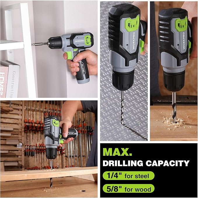 WORKPRO 8V Cordless Drill Driver Kit with 53pcs Bit Set, 2.0Ah Electric Drill with 3/8" Keyless Chuck and Variable Speed Trigger, Portable for Home Improvement, DIY