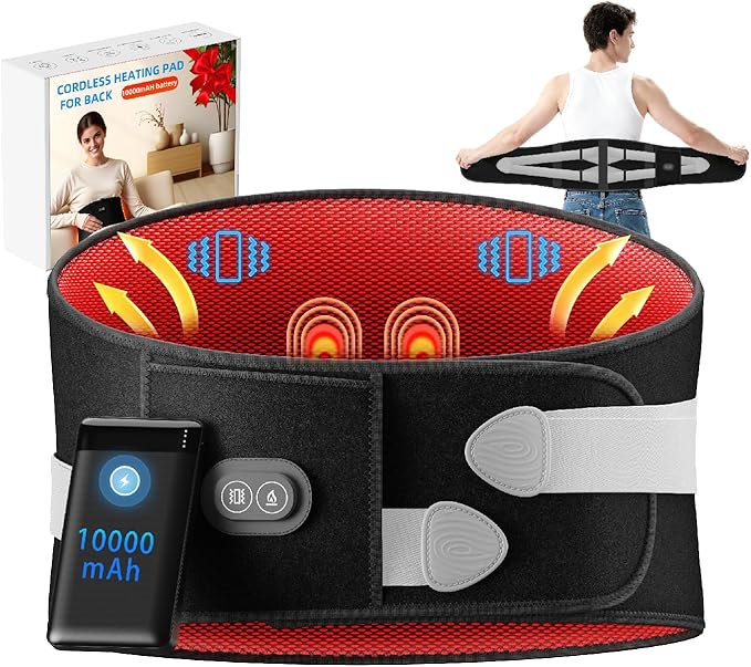 Cordless Heating Pad with Massager for Back Pain Relief, 10000mAh Quiet Lower Back Massager with 3 Heat 3 Vibration, Portable Heated Massage Pad Birthday Gifts for Dad Mom, Grey