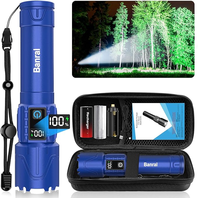 Banral Rechargeable Tactical Flashlights High Lumens - 5000mAh Super Bright LED Powerful Flash Light, Waterproof Handheld USB C Flashlight for Home,Car,Camping,Emergencies,5 Modes,Zoomable (1, Blue)