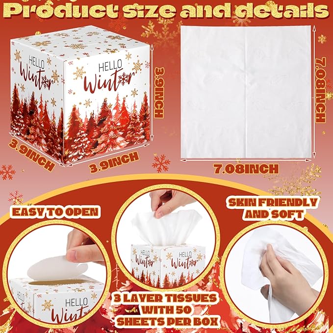 Bencailor 12 Pack Snowflake Facial Tissues Cube Boxes Winter Christmas Tree Square 600 Sheets 3 Ply Small Tissues Cube Boxes for Home Car Accessories(Red,Christmas Tree)