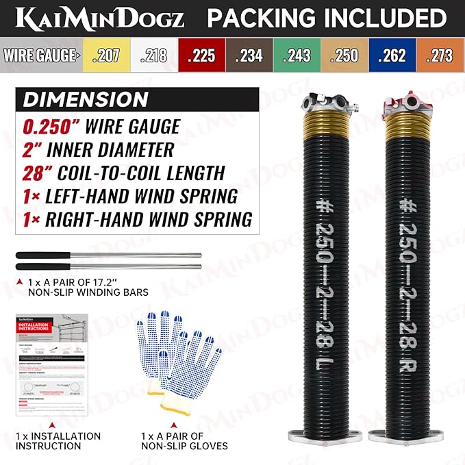 Pair of 2" Garage Door Torsion Springs Set with Non-Slip Winding Bar & Gloves,High Precision Electrophoresis Black Coated, for Replacement & Installation, MIN 16,000 Cycles (0.250x2''x28'')