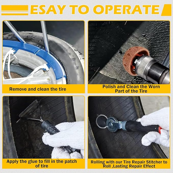 Air Tire Repair Kits, Wheel Polish Patch Tools, Includes 2500RPM Low Speed Air Tire Buffer, Tire Inner Liner Scrapper, Patch Roller, Tungsten Steel Buffing Wheel, and Precision Accessories