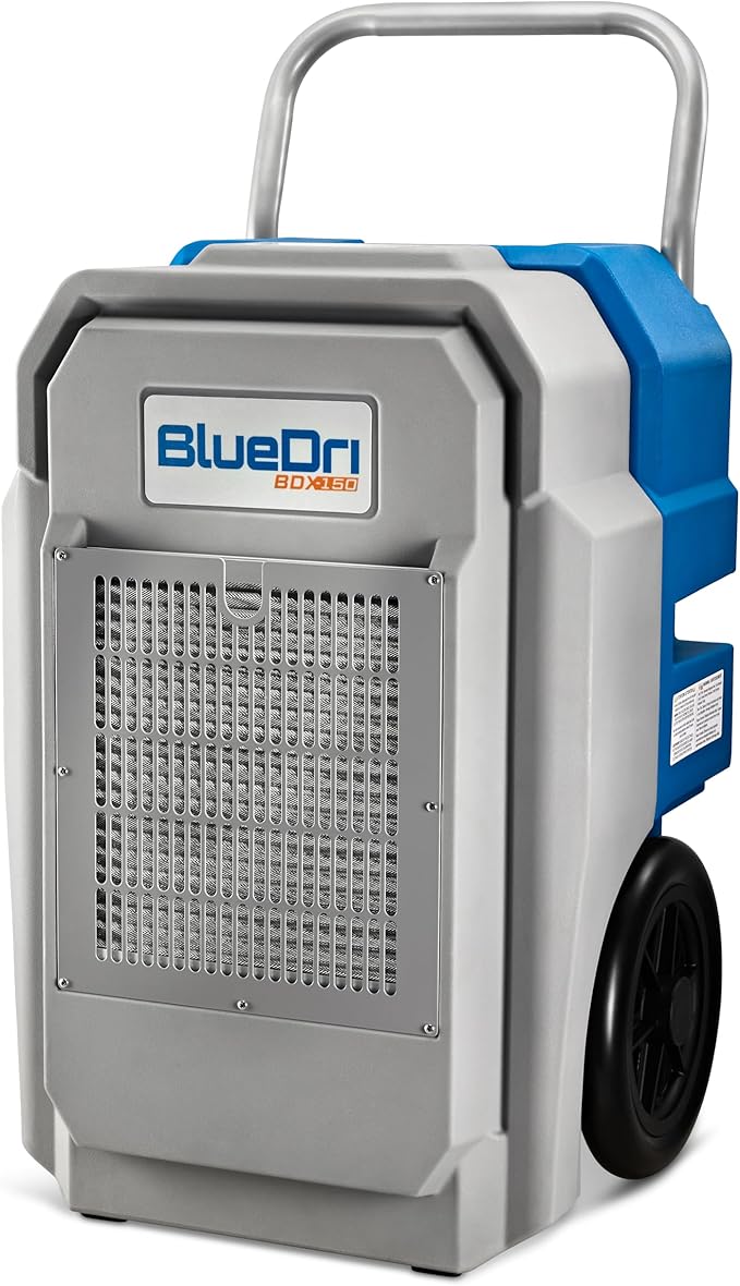 BlueDri BDX-150 175PPD Industrial Commercial LGR Dehumidifier with 25-Foot Drain Hose for Job Sites, Coverage area of 15,000 Cubic Feet, Water Damage Restoration Equipment, Blue