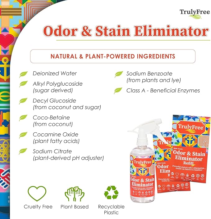 Truly Free Multi-Purpose Odor & Stain Eliminator, Pet Odor Eliminator for Home & Stain Remover for Carpet, Couch, Rugs & More, Upholstery Deodorizer, Includes 1 Empty Bottle Spray & 2 Refill (3 oz ea)