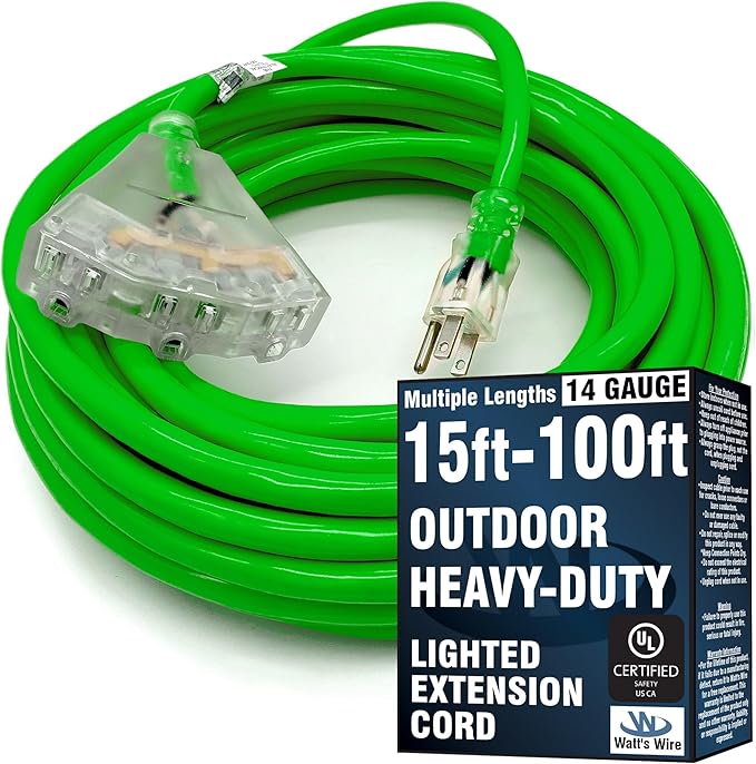 50 ft Outdoor Extension Cord Waterproof - 14 Gauge Heavy Duty Extension Cord Splitter - Lighted Outdoor Extension Cords with Multiple Outlets - Watts Wire - 50' Grounded - extensiones electricas