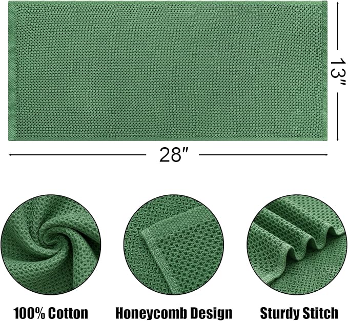 Kitinjoy 100% Cotton Waffle Weave Kitchen Towels, 8-Pack Super Soft and Absorbent Dish Towels for Drying Dishes, Kitchen Hand Towels, 13 in x 28 in, Grass Green