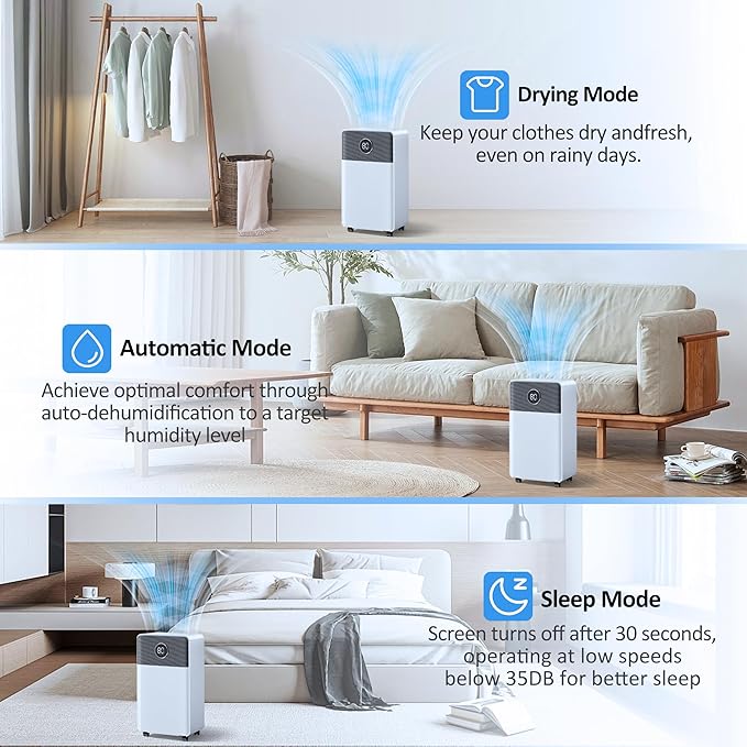 2500 Sq.Ft Dehumidifier with Drain Hose for Basement and Home Large Bedroom Bathroom, 35 Pints Dehumidifiers with Auto Shut Off, Intelligent Humidity Control, Auto Defrost, 3 Modes, 24HR Timer