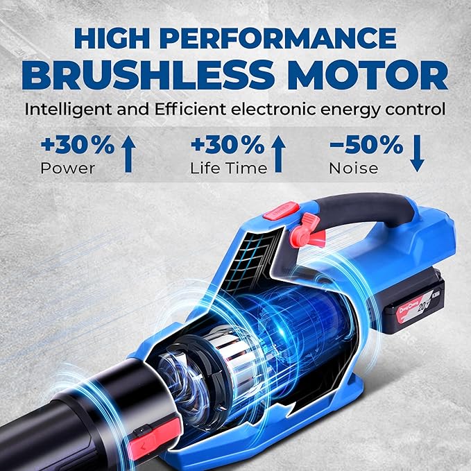 Dong Cheng Brushless 20V Leaf Blower, 485 CFM Variable Speed & Turbo Mode, Cordless Leaf Blower with 3 Nozzles, Shoulder Strap, 4.0Ah Battery and Charger, Blowing Leaves for Patio, Lawn & Garden