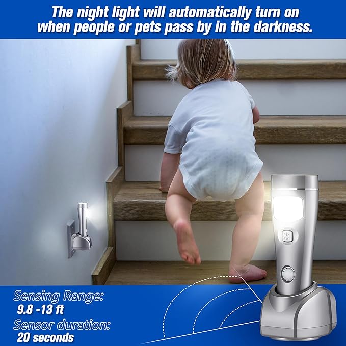 Enhon 2 Pack Rechargeable 4-in-1 LED Emergency Lights, Plug-in Flashlights with Motion Sensor Night Light, Auto-On Power Failure Light for Home, Hurricane, and Outage Supplies