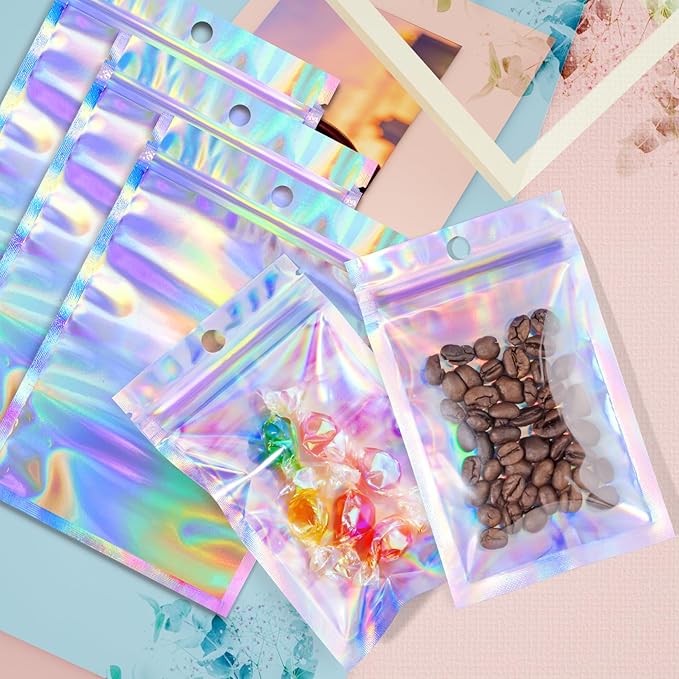 Funfery 100 pcs Mylar Holographic Bags Packaging Bags,Clear Resealable Smell Proof Bag Foil Pouch Bag for Party Favor,Food Storage Baggies Packaging for Small Business(3x4.7in,Holographic)
