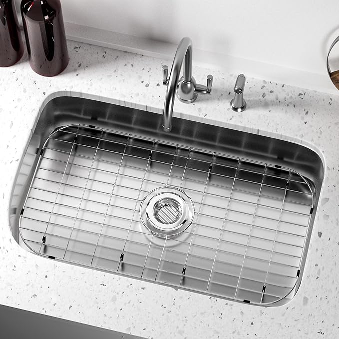 Sink Protector for Kitchen Sink,27.8 X 14.8 inch Sink Rack,Metal Sink Grate with Strainer,Stainless Steel Sink Grid for Bottom of Sink with Centered Drain Hole