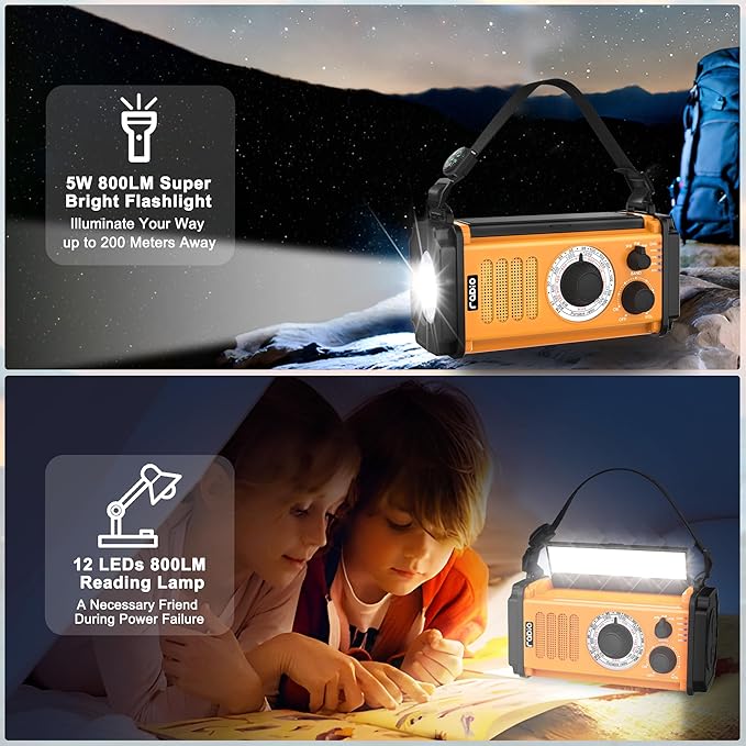 48100mWh Crank Emergency Weather Radio, Solar Hand Crank NOAA/AM/FM Radio, Portable Dynamo Radio, Flashlight & Reading Lamp,SOS,Earphone Jack, Compass for Hurricane Storm Camping Outdoor Survival Kit