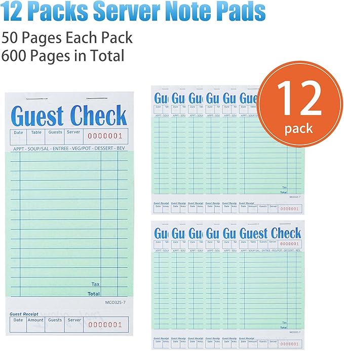 12 Pack Green Guest Checks Books for Servers Server Note Pads, Waiter Checkbook, Waitress Notepad for Restaurants, Paper Checks 50 Sheets/Pack, 600 Total Tickets