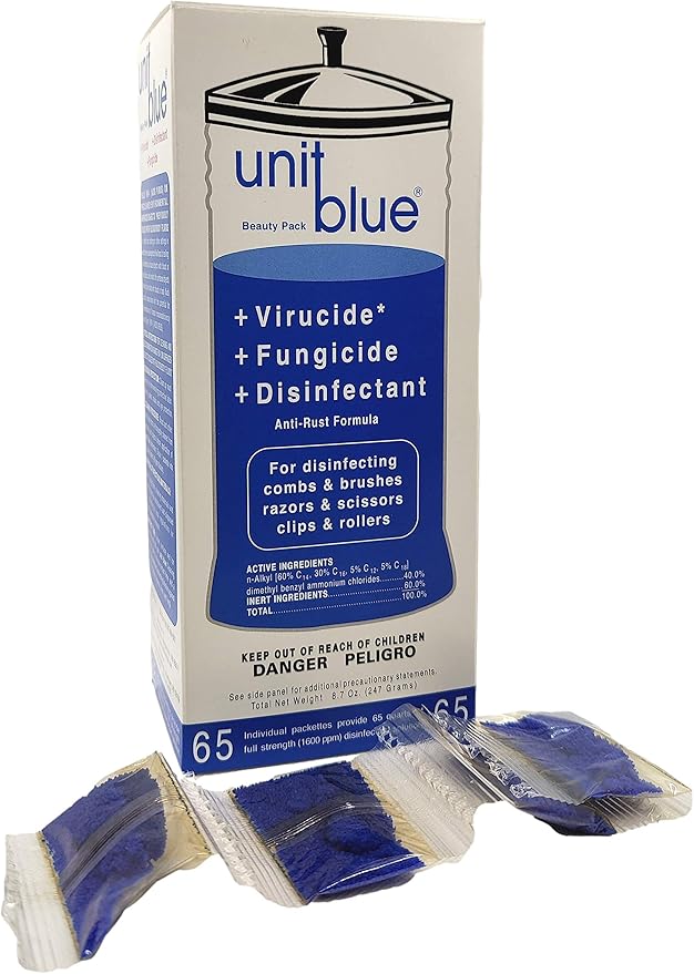 Unit Blue Barber Germicidal Disinfectant Concentrate for Barbers, Anti-Rust Formula, Sterilize Barber Tools, Scissor, Clips, Razors, Brush, Combs & More, 65 Sachets Makes 65 QT Solution at 1600 PPM