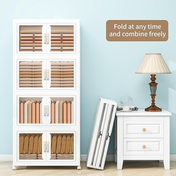 Large Clear Stackable Storage Bins with Lids, Foldable Storage Cabinet for Closet Organizers and Storage, Plastic Storage Box with Wheels 597 QT