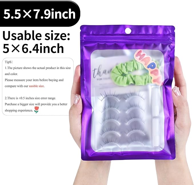 100 Pack Resealable Plastic Bags for Food Storage, Zipper Bags with Clear Front Window, Packaging Pouch for Small Business (Purple, 5.5x7.9 inch)