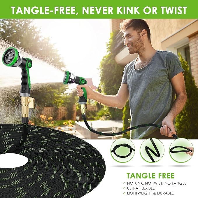 Non-Expandable Garden Hose 50 ft, Ultra Lightweight & Flexible Water Hose With 10-Pattern Spray Nozzle, Full Length Leak-Proof Design, High-Density Fabric & Shut-Off Valve, Hose Straps