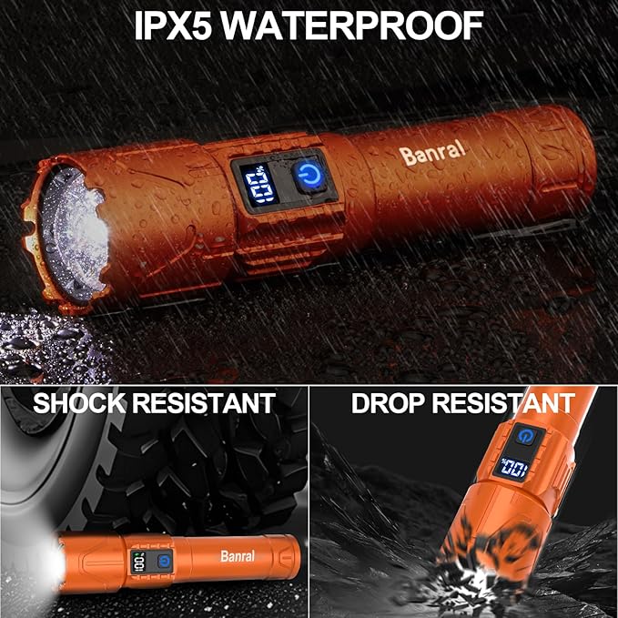 Rechargeable Tactical Flashlights High Lumens - 5000mAh Super Bright LED Powerful Flash Light, Waterproof Handheld USB C Flashlight for Home,Car,Camping,Emergencies,5 Modes,Zoomable (1, Orange)