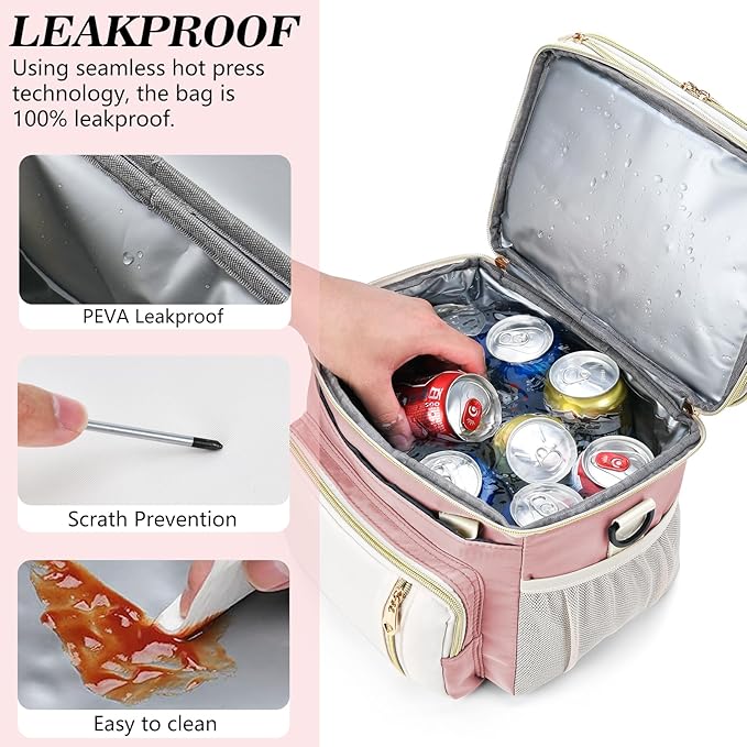 LOKASS Lunch Box & Lunch Bag for Women Men Double Deck, Large Insulated Adult Lunch Box Leakproof Lunchbox Cooler Bag for Work Picnic Beach,（Pink&White 16L）