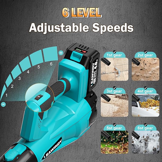 6 Speed Levels Electric Leaf Blower Cordless, 900000RPM Cordless Leaf Blower with 2 X 4.0Ah Batteries and Charger, Leaf Blowers 21V, Battery Lawn Blower for Patio Cleaning, Lawn Care, Blowing Leaves