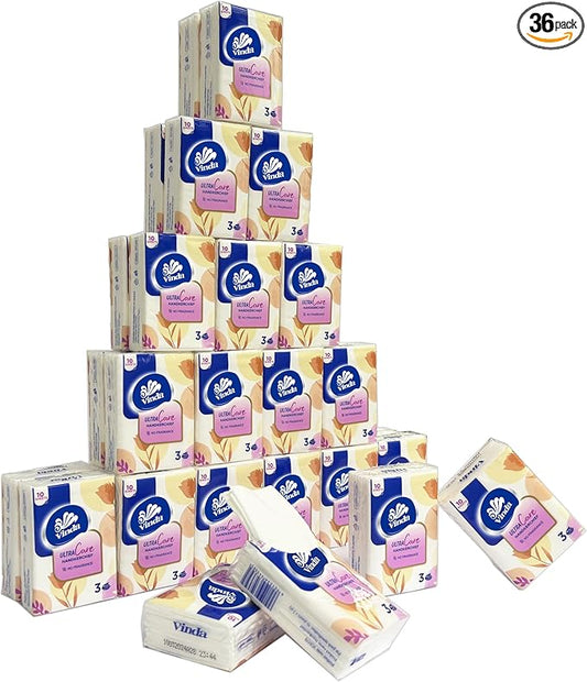 Vinda 3-Ply Mini Ultra Care Pocket Tissues, Portable Series Facial Tissue, Travel Size for Use In All Occasions (36 Packs of 10 Tissues)