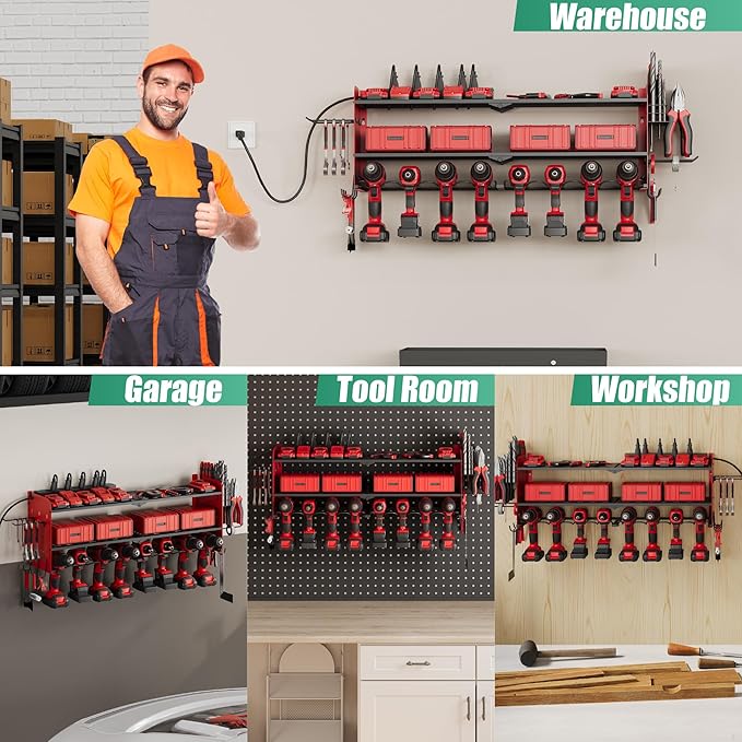 Suchtale Power Tool Organizer Wall Mount with Charging Station,33.2" Garage Storage,8 Drill Holders,3 Layers Heavy Duty Metal Shelf,Built in 8 Outlets Power Strip,Christmas Gift for Dad,Men,Red