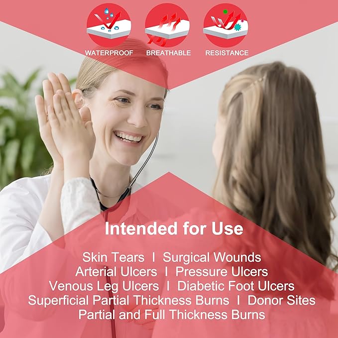 Silicone Bordered Foam Dressing 6" x 6", Pack of 5 Individual Sterile Pads, Gentle Adhesive, Water Resistant, Highly Absorbent, Reduce Sacr, for Pressure Ulcer