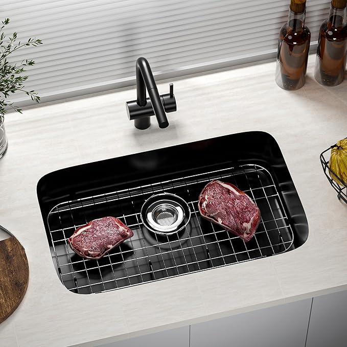 Sink Protector for Kitchen Sink,22.8 X 12.8 inch Sink Rack,Metal Sink Grate with Strainer,Stainless Steel Sink Grid for Bottom of Sink with Rear Drain Hole