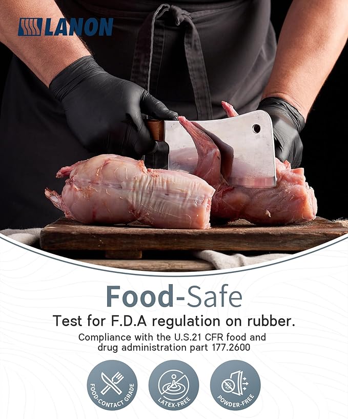 LANON Protection Food Safe Disposable Nitrile Gloves, Latex-Free, Powder-Free, Silicone-Free, Textured Fingertips, Cooking, Black,Small