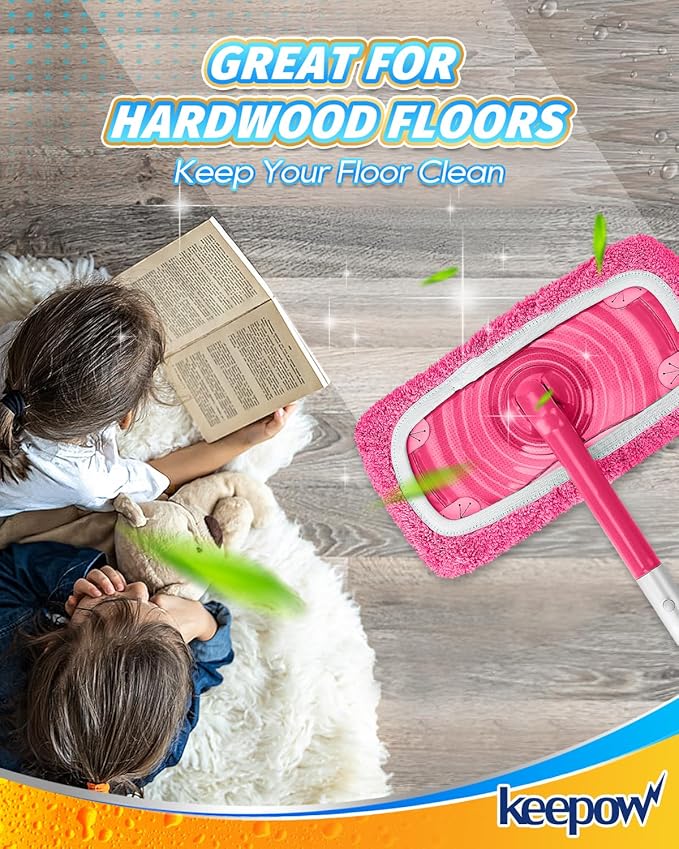 KEEPOW 4 Pack Reusable Mop Pads Compatible with Swiffer Sweeper, Microfiber Washable Swiffer Mop Pads, Dry & Wet Sweeping Mopping Cloths (Pink)