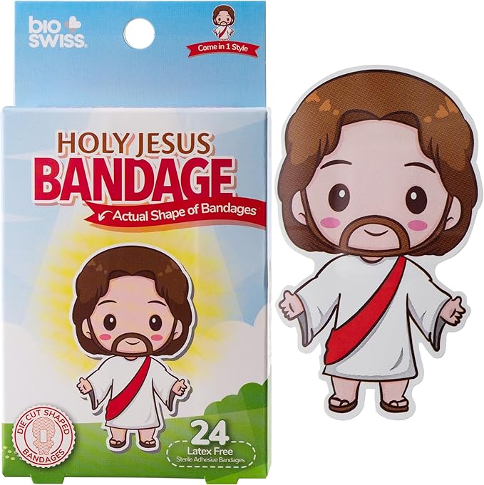 BioSwiss Kids Bandages, Holy Jesus Shaped Self Adhesive Bandage Set, Latex Free, Sterile Wound Care, 24 Count