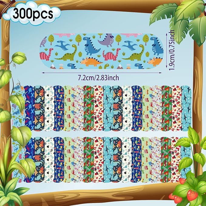 Patelai 300 Pieces Kids Bandages Bulk 10 Styles Children's Adhesive Flexible Colorful Cute Cartoon Bandages Waterproof Breathable Stickers Protection Care Cuts for Girls Boys(Dinosaur)