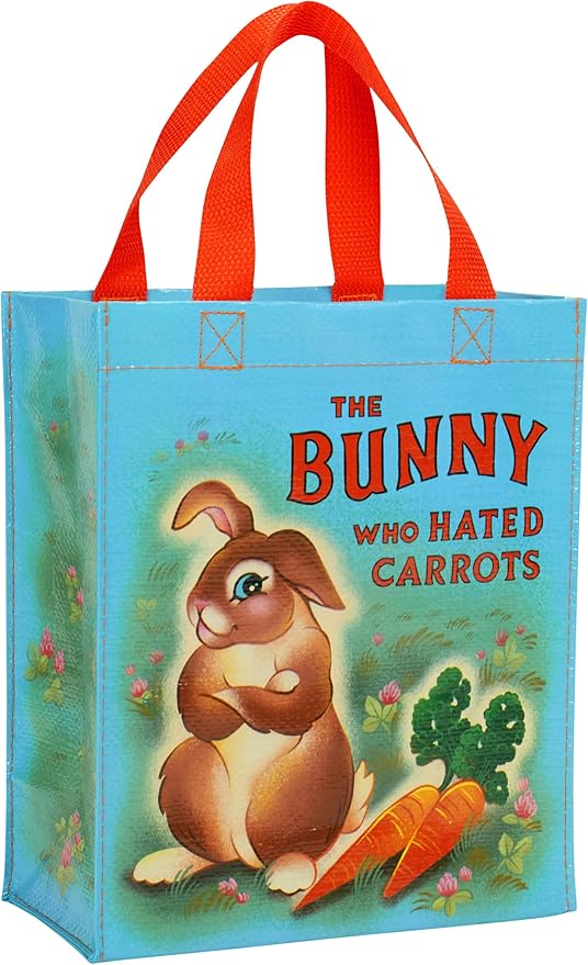 Blue Q Handy Tote, The Bunny Who Hated Carrots. Reusable lunch sack, little gift bag, easy-to-wipe-clean, 95% recycled material, 10" h x 8.5" w x 4.5" d