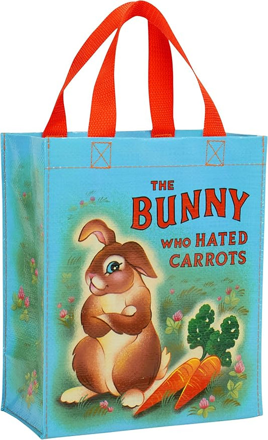 Blue Q Handy Tote, The Bunny Who Hated Carrots. Reusable lunch sack, little gift bag, easy-to-wipe-clean, 95% recycled material, 10" h x 8.5" w x 4.5" d