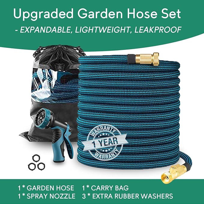 150 ft Expandable Garden Hose, 2025 New Ultra Lightweight & Flexible Water Hose 150ft, 10 Pattern Spray Nozzle, Leak-Proof Solid Brass Fittings, High-Density Outer Fabric, Durable Latex Core, No Kink